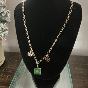 Tory Burch Beautiful Paperclip Chain Logo Charm Necklace Green Pendant NWT